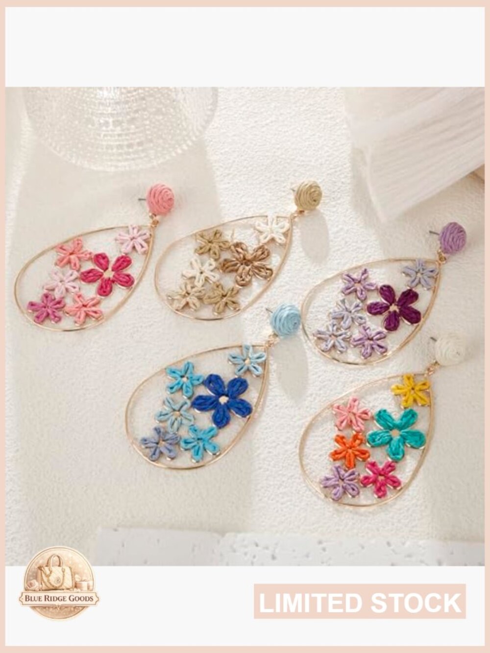 Handmade Raffia Flower Earrings Teardrop Dangle Statement - Picture 7 of 7